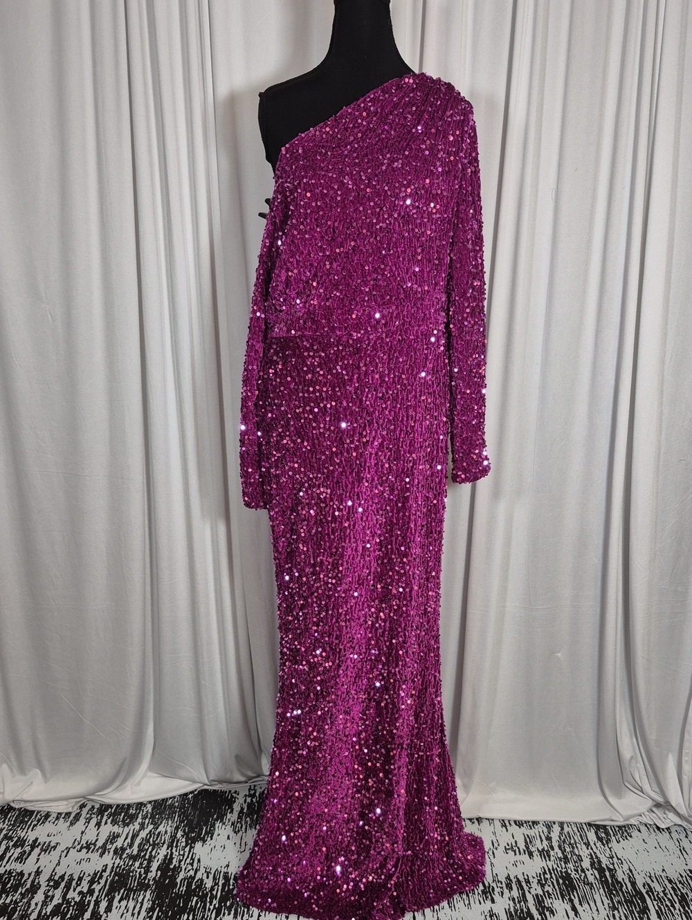 Off The Shoulder Sequin Evening Gown in Magenta